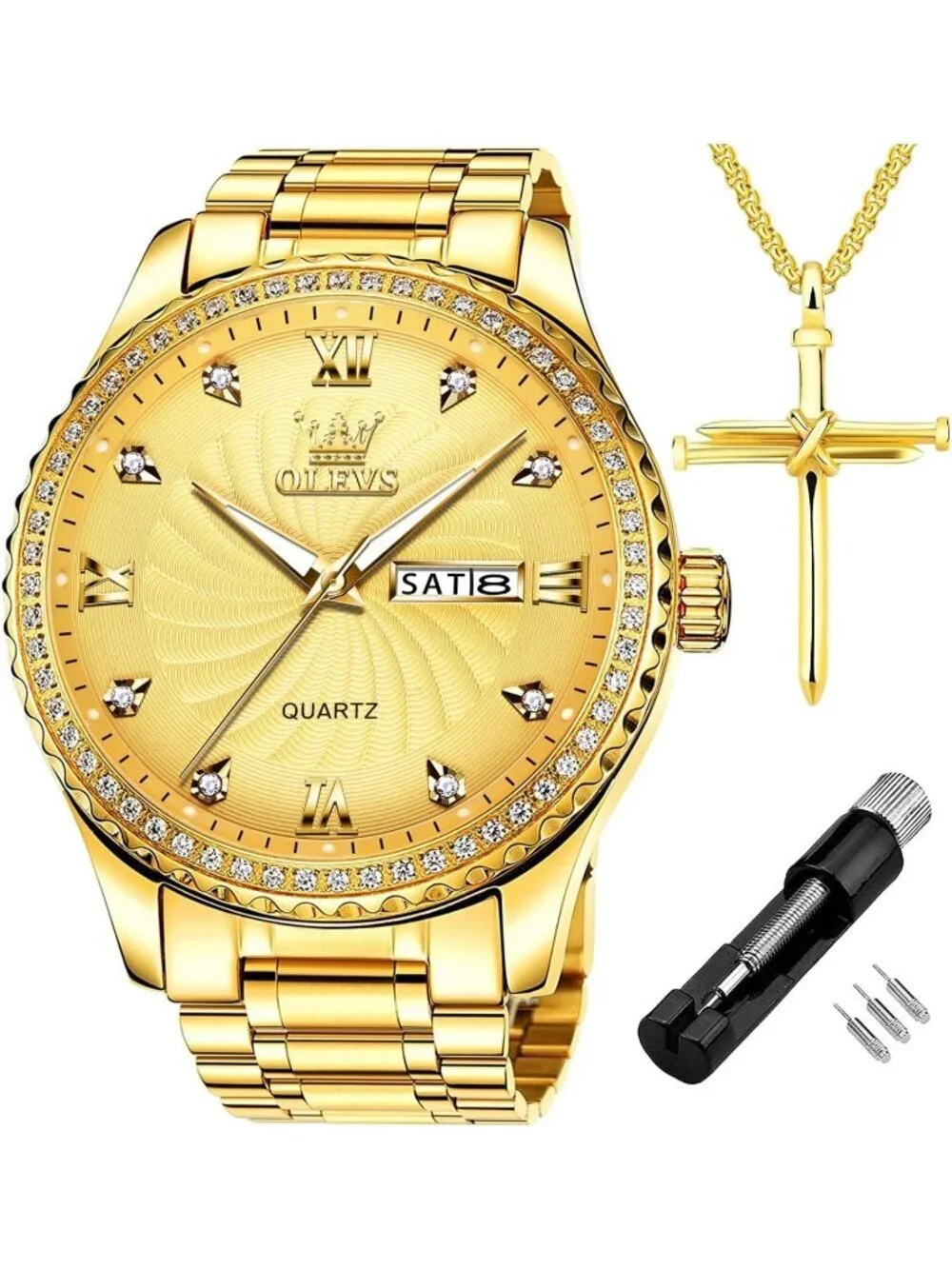 Men's Gold Diamond Solid Stainless Steel Waterproof Luminous Luxury Analog Watch
